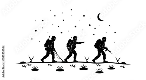 Silhouette Soldiers Marching Under Moonlit Night Sky with Stars and Mines