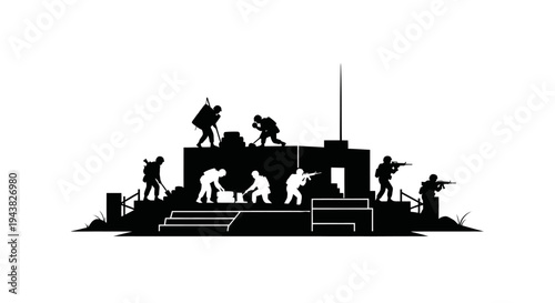 Silhouette Soldiers on Military Base, Combat Ready, Strategic Operation, Armed Forces