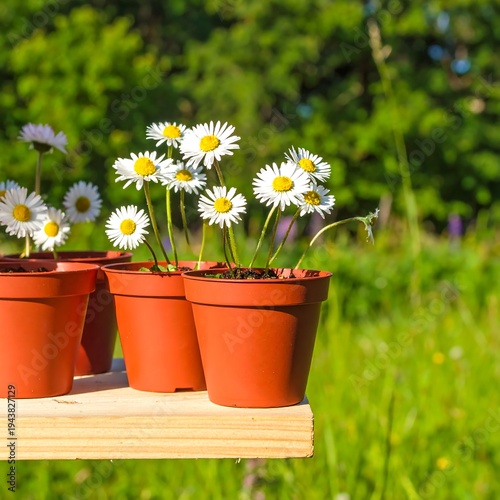 A serene scene of potted daisies on a wooden shelf outdoors