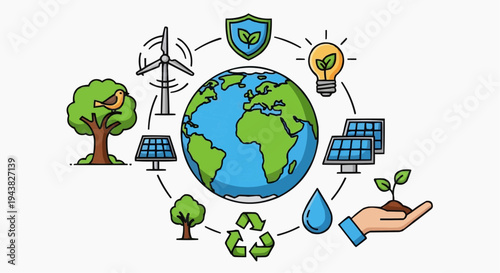 ecology concept Save Planet Earth Sustainable Environment Protection Concept Flat Vector Illustration with Green Nature, Eco Friendly Future and Global Conservation