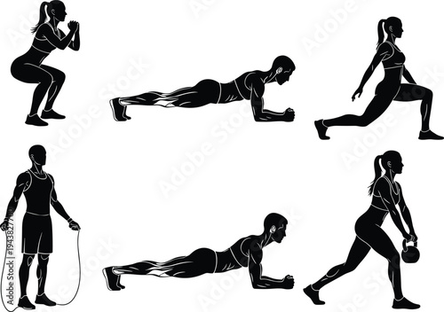 Fitness workout silhouettes set, men and women performing gym exercises training vector illustration isolated on white background