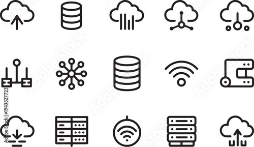 Cloud computing and database server networking icon set featuring storage wifi and data transfer vector illustration