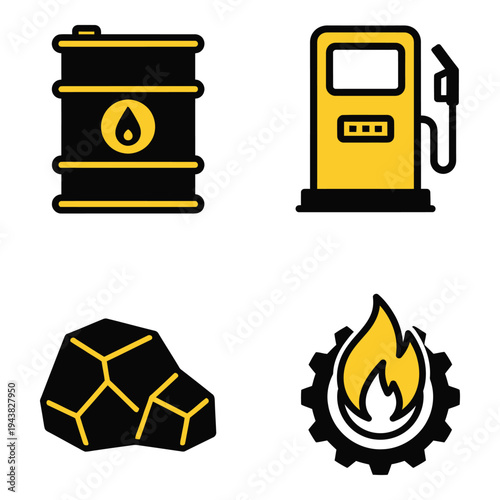 Vector art of set of icons representing energy sources oil barrel, gas pump, coal, and fire with gear