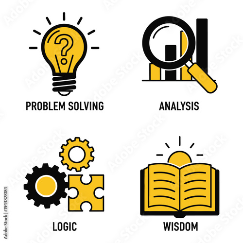 Vector art of four flat design icons illustrating problem solving, analysis, logic, and wisdom