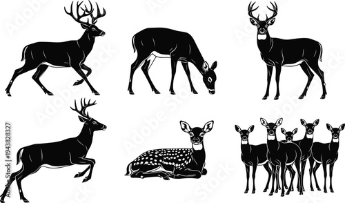 Black deer silhouette vector set with buck antlers, grazing doe, jumping stag, spotted fawn, and forest wildlife animal herd collection