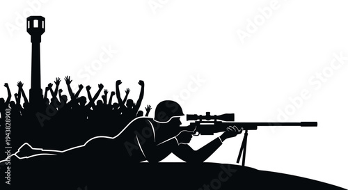 Sniper aiming at crowd near tower, protest, conflict, surveillance, danger, military