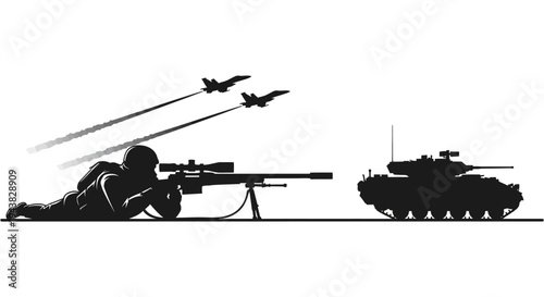Sniper Aiming at Tank with Fighter Jets Flying Overhead - Military Combat Scene