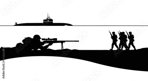 Sniper Aiming from Cover Near Submarine and Soldiers Marching