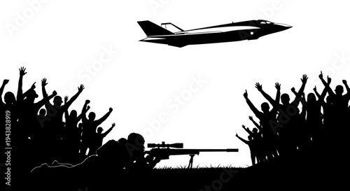 Sniper Aims at Crowd Cheering for Fighter Jet Silhouette