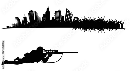 Sniper silhouette aiming at ruined city skyline with cheering crowd