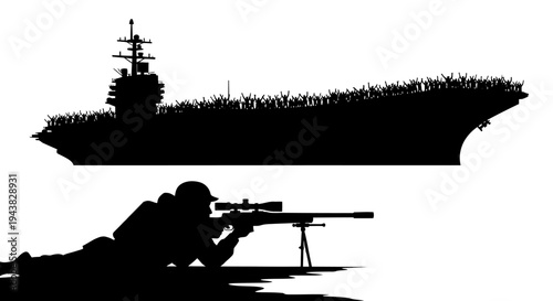 Sniper Soldier Aiming Rifle with Aircraft Carrier Silhouette in Background