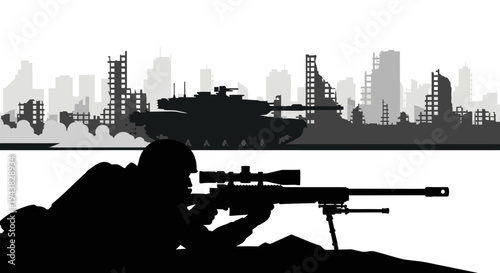 Sniper Soldier Aims Rifle in Ruined Cityscape with Tank Silhouette