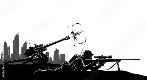 Sniper Soldier and Artillery Gun in Urban Warfare Silhouette