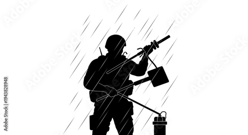 Soldier silhouette in heavy rain with metal detector, military operation, search and rescue