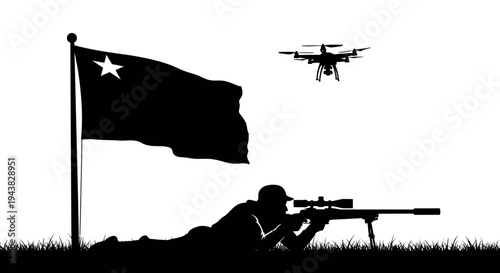 Sniper with Drone and Chinese Flag Silhouette