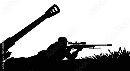 Sniper Soldier Aiming Rifle with Artillery Gun and Cheering Crowd Silhouette