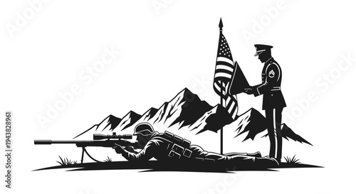 Sniper Soldier in Action with American Flag and Mountains - Military Patriotism