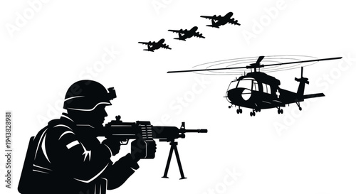 Soldier Aiming Machine Gun at Helicopter and Jets in Combat Scene