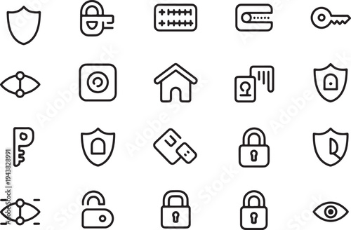 Data protection and privacy security icons including padlocks shields biometric scanning and keys vector illustration