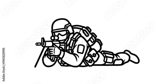 Soldier Aiming Rifle, Lying Prone, Military Combat, Tactical Gear, Action Pose