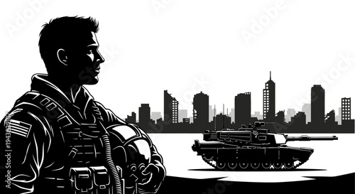Soldier and Tank Silhouette Against City Skyline - Military Power and Urban Landscape