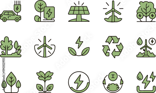 Eco friendly green energy icons set showcasing solar panels wind turbines electric cars and plants vector illustration