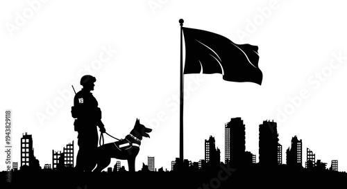 Soldier and Dog Silhouette Against Ruined Cityscape and Waving Flag