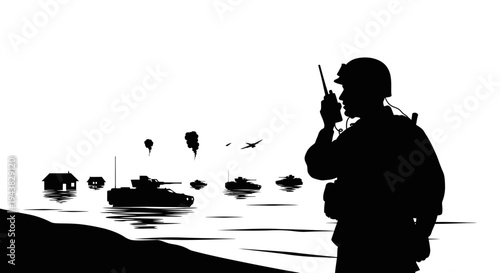Soldier with radio on beach, military vehicles and houses in background, war scene