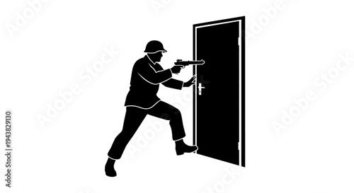 Soldier breaching door with firearm, tactical entry, military operation, action silhouette