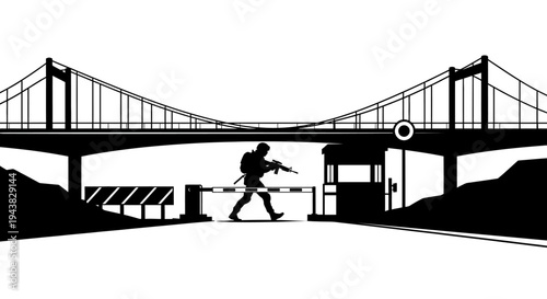 Soldier with rifle crossing checkpoint under bridge, security barrier and guard house