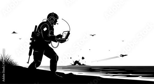 Soldier with tablet on beach, drone strike in background, military operation concept