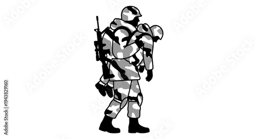 Soldier carrying wounded comrade in camouflage uniform, military rescue, teamwork, support, combat medic