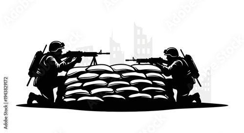 Soldiers defending position with sandbags and machine guns in ruined city silhouette