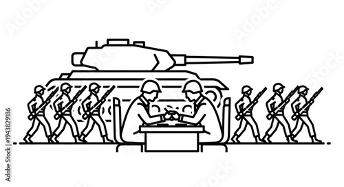 Soldiers marching with tank and peace talks illustration