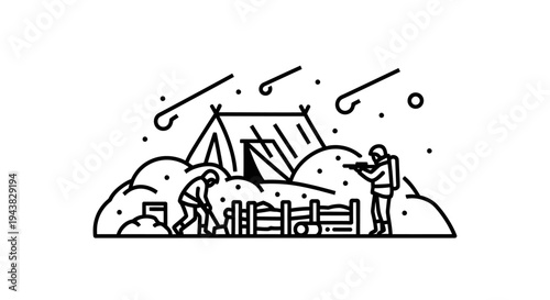 Soldiers defending camp during meteor shower, war, survival, military, illustration
