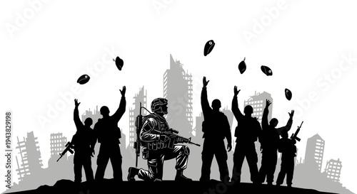 Soldier Celebrates Victory with Troops Amidst Ruined Cityscape Silhouette