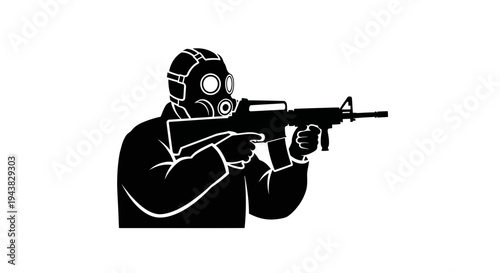 Soldier in Gas Mask Holding Assault Rifle, Ready to Fire