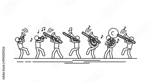 Stick Figures Marching Band Playing Music Outdoors