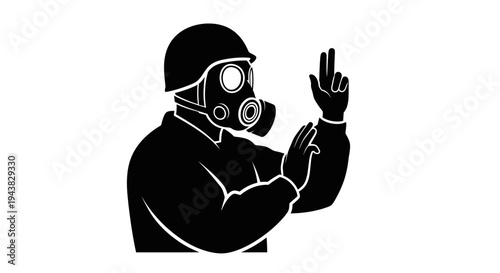 Soldier in Gas Mask and Helmet, Protective Gear, Warning Gesture