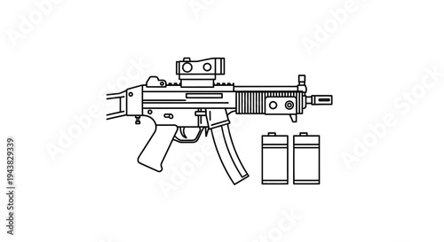 Submachine Gun with Red Dot Sight and Magazines Line Art