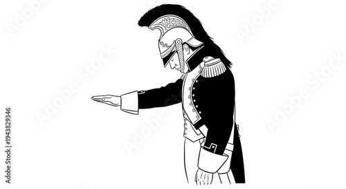 Soldier in historical uniform with plumed helmet saluting with outstretched hand