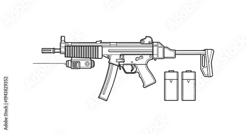 Submachine Gun with Laser Sight and Magazines - Line Art Illustration