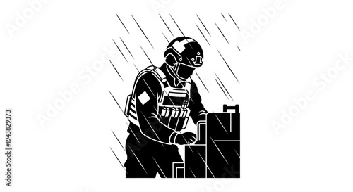 Soldier in tactical gear and helmet working in heavy rain, tactical operations, military