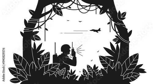 Soldier in jungle communicating via radio, plane overhead, framed by foliage