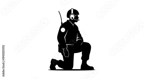 Soldier in tactical gear with headset kneeling, communication, military, silhouette