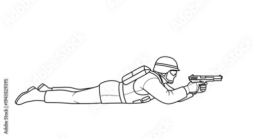 Soldier in tactical gear lying prone, aiming a handgun, military training, combat readiness