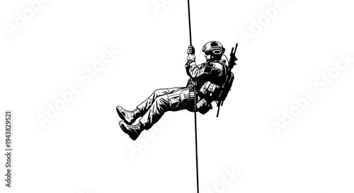 Soldier Rappelling Down Rope, Military Training, Extreme Sports, Action, Adventure, Tactical Gear