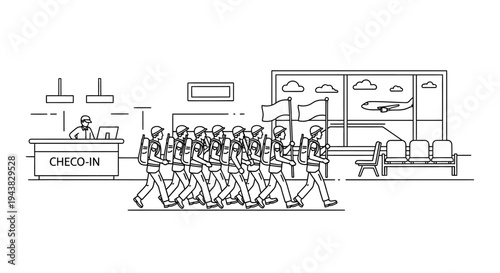 Tourists with backpacks in airport, check-in counter, boarding gate, airplane window view