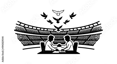 Two people shaking hands over a table in a stadium with doves flying above