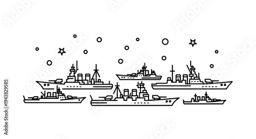 Vector Illustration of Warships Fleet, Naval Battle Scene, Military Ships, Navy, Sea, Ocean